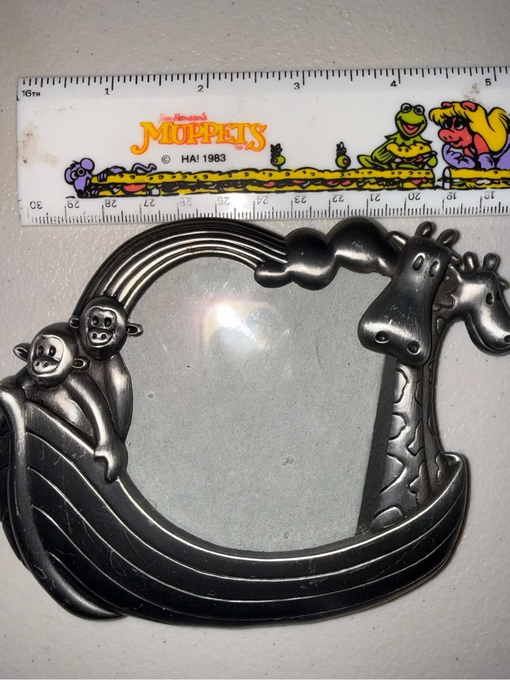 Vintage Noah’s Ark Pewter Tone Baby Picture Frame | Nursery Décor | Animals | 4”